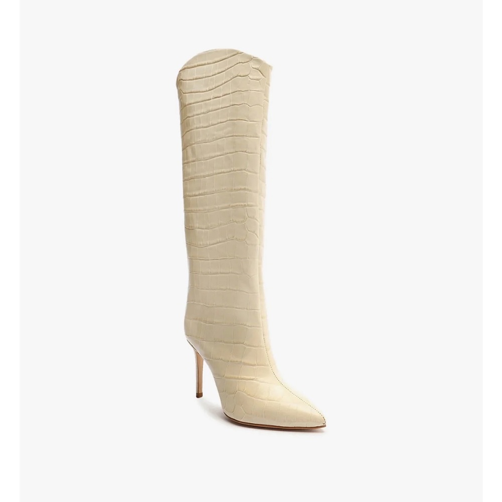 SCHUTZ Cream Heeled Boots with Textured Design